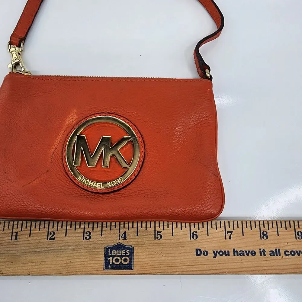 Michael Kors Fulton Wristlet Clementine Leather Orange Zip Clutch 7" Strap Flaws - Picture 9 of 12